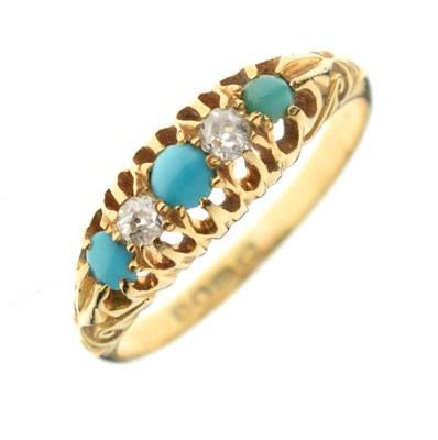 Lot 27 - Edwardian turquoise and diamond 18ct gold boat head ring