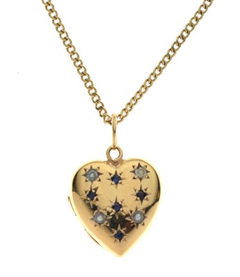 Lot 143 - Pearl and sapphire 9ct gold heart-shaped locket pendant necklace