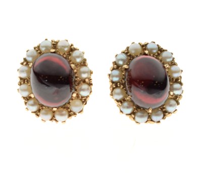 Lot 187 - Pair of garnet and pearl 9ct gold cluster stud earrings