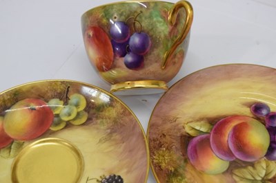Lot 345 - Six Royal Worcester porcelain fruit painted cups, saucers and plates