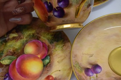 Lot 345 - Six Royal Worcester porcelain fruit painted cups, saucers and plates
