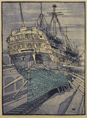 Lot 383 - Eric Hesketh Hubbard (1892-1957) - Coloured etching - 'Stern of the Old Implacable'