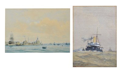 Lot 634 - Fred T. Jane - Watercolour - 'HMS Hecate' and Kenneth Allington Yockney - Watercolour - 'View of Portsmouth Harbour'