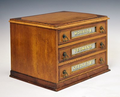 Lot Early 20th century ash haberdasher's counter-top chest promoting 'Morris & Yeomans' needles