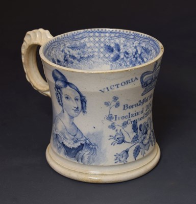 Lot Royal Interest - 19th century blue and white Queen Victoria Coronation mug 1838