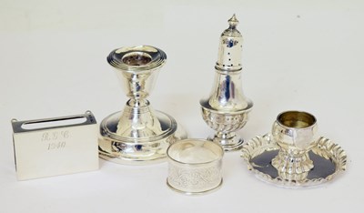 Lot 278 - Victorian silver pepperette, silver match holder, silver matchbox sleeve, etc