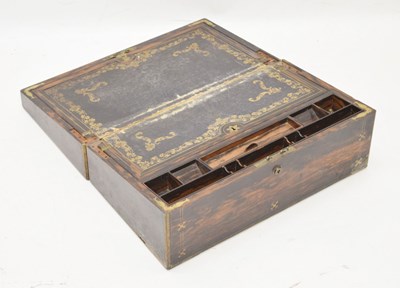 Lot 459 - Mid 19th century rosewood and brass inlaid writing box/lap desk