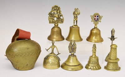 Lot 413 - Group of eight brass hand bells, etc