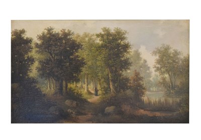 Lot 630 - 19th century oil on canvas - Woodland scene with figure on a path