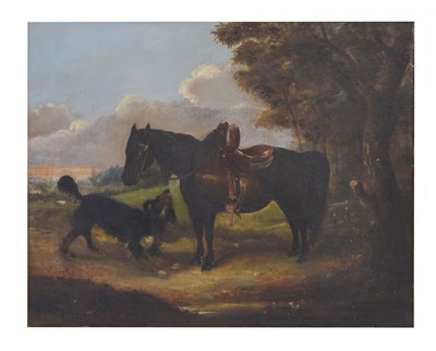 Lot 633 - 19th century oil on canvas - Horse and dog in a rural setting