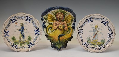 Lot 548 - French faience wall bracket and a pair of plates