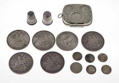 Lot 328 - Five Victorian silver crowns, a George III silver crown, etc