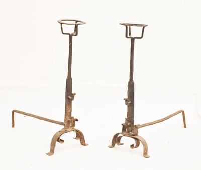 Lot 731 - Pair of antique wrought iron cresset-top spit dogs