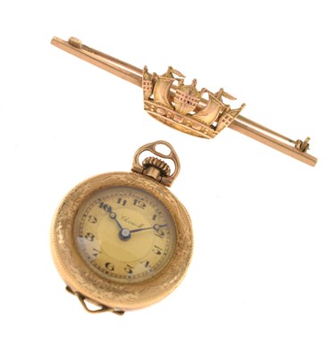 Lot 116 - 9ct gold crown bar brooch, and a gold plated lady's fob watch