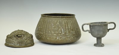 Lot 390 - Lead urn, Middle Eastern bowl, and Nepalese Cheppu home protector