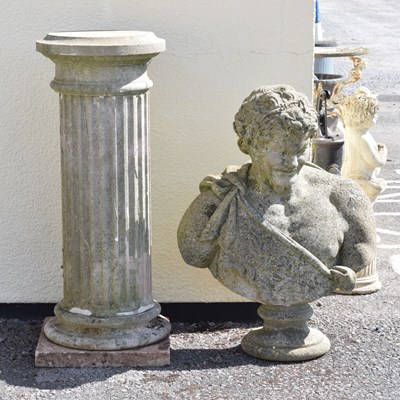 Lot 811 - Large composite stone garden bust of Bacchus on fluted pedestal