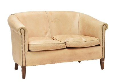 Lot 728 - Studded pale tan leatherette tub-back two-seater office/reception settee