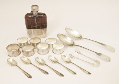 Lot 285 - Edward VII silver mounted hip flask, seven silver napkin rings, teaspoons, etc