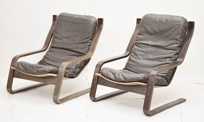 Lot 655 - Pair 1970s slung armchairs with leather pad seats