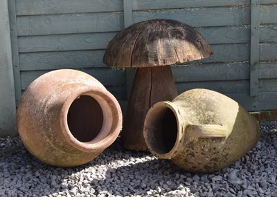 Lot 804 - Two Mediterranean style garden urns plus wooden mushroom