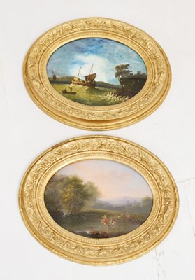 Lot 632 - Pair of oval reverse glass paintings 'Storm' and 'Eventide'