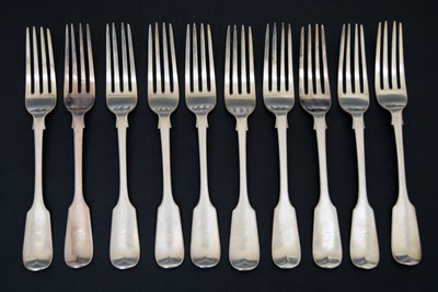 Lot 240 - Set of ten Victorian Fiddle pattern silver table forks