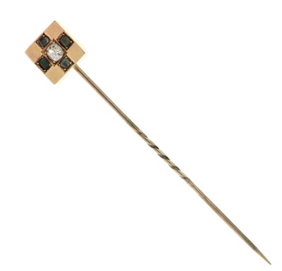 Lot 153 - Victorian diamond and green stone yellow metal stick pin