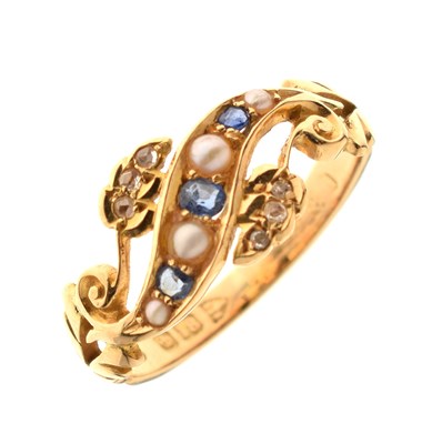 Lot 22 - Circa 1900, sapphire, seed pearl and rose cut diamond 18ct gold ring