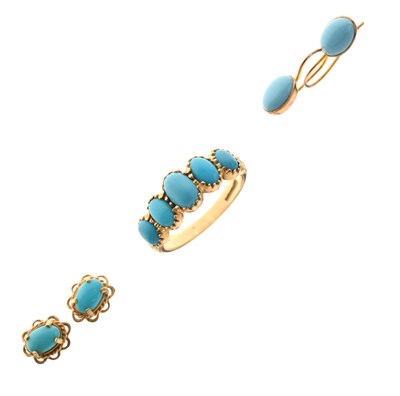 Lot 211 - Turquoise five-stone 9ct gold ring and two pairs of turquoise earrings (3)