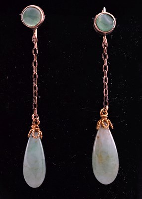 Lot 65 - Pair of early 20th century jade yellow metal drop earrings