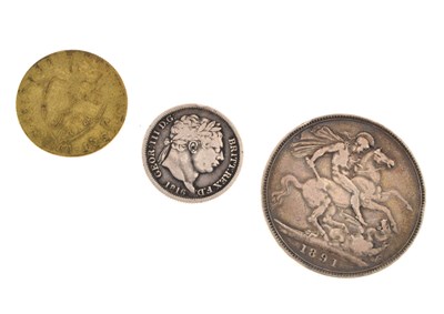 Lot 329 - Victorian silver crown, George III shilling, and a Georgian gilt gaming counter