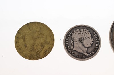 Lot 329 - Victorian silver crown, George III shilling, and a Georgian gilt gaming counter