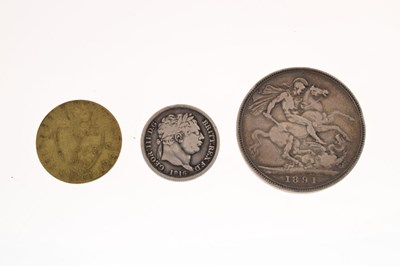 Lot 329 - Victorian silver crown, George III shilling, and a Georgian gilt gaming counter