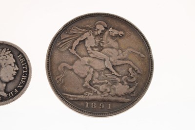 Lot 329 - Victorian silver crown, George III shilling, and a Georgian gilt gaming counter