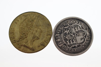 Lot 329 - Victorian silver crown, George III shilling, and a Georgian gilt gaming counter