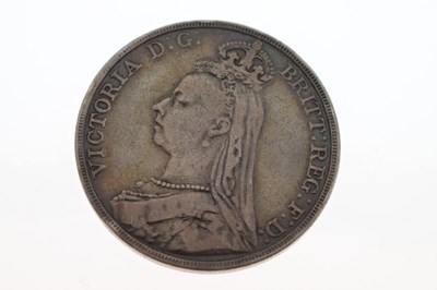 Lot 329 - Victorian silver crown, George III shilling, and a Georgian gilt gaming counter