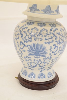 Lot 426 - Three modern Chinese blue and white table lamps