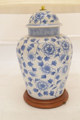 Lot 426 - Three modern Chinese blue and white table lamps