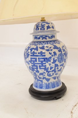 Lot 426 - Three modern Chinese blue and white table lamps