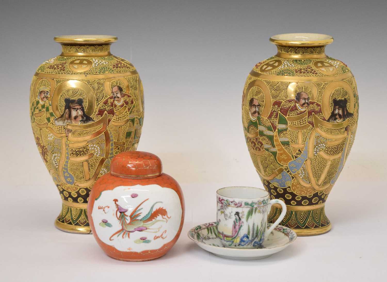 Lot 583 - Pair of late Japanese satsuma vases, ginger jar and cup and saucer