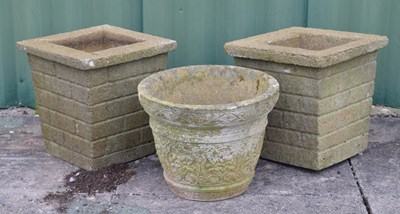 Lot 809 - Pair of square reconstituted stone garden planters and one other