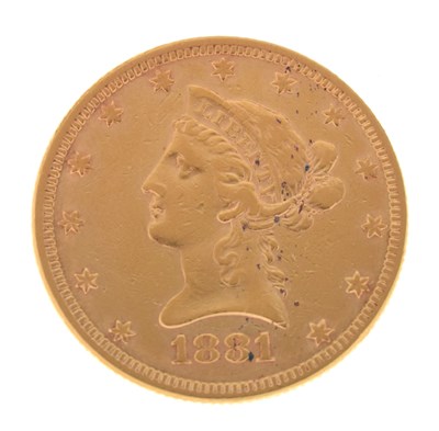 Lot 140 - United States of America gold ten dollar coin, liberty head, 1881