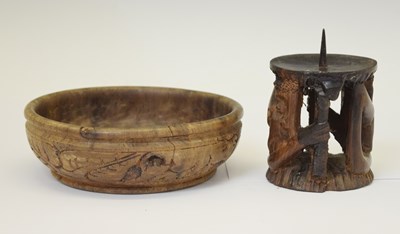 Lot 447 - African wooden bowl and pricket candlestick