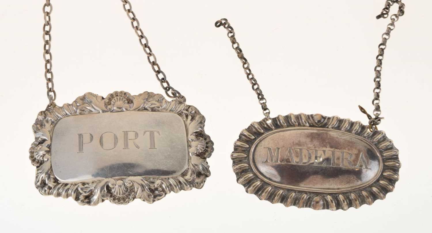 Lot 271 - Early Victorian silver Madeira decanter label, and an Elizabeth II Port decanter label