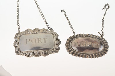 Lot 271 - Early Victorian silver Madeira decanter label, and an Elizabeth II Port decanter label