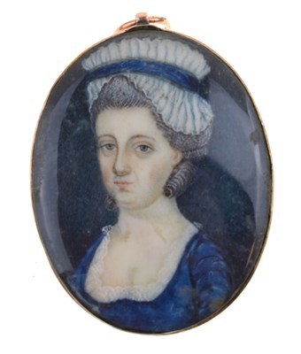 Lot 616 - 19th century small oval portrait miniature of a lady in a blue dress