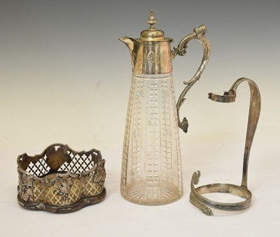 Lot 477 - Victorian cut glass claret jug, a silver plated bottle coaster, and a wine bottle carrier