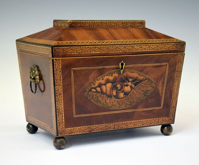 Lot 202 - Late George III inlaid mahogany sarcophagus-form tea caddy