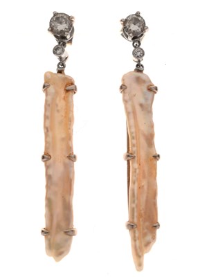 Lot 64 - Pair of diamond and freshwater pearl white metal drop earrings