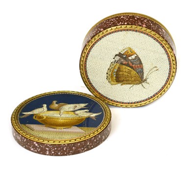 Lot 159 - Early 19th century double-sided micromosaic, porphyry and unmarked gold bonbonniere or table box